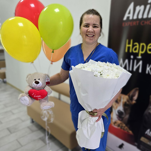 Вручення букет хризантем та подарунків жінка з букетом, кульками та ведмедиком фото